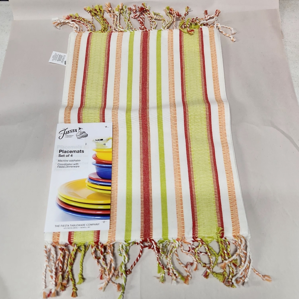 Fiesta Placemat Set of 4 Woven Tassel New Green Orange White Warm Colors Holiday